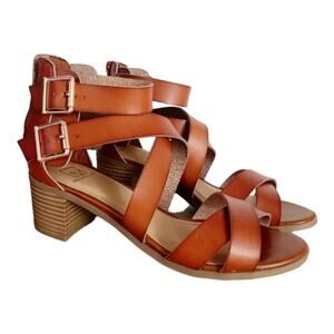 Material Girl Danee Strappy Block Heel Sandals Cognac Size 8.5